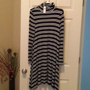Cowl neck, striped dress. Blue and White
